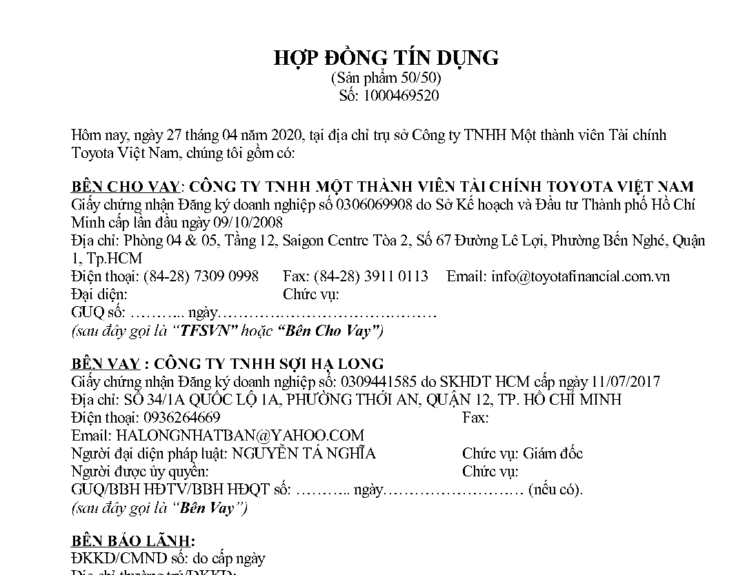Hợp đồng tín dung doanh nghiệp sản phẩm 50-50 của tài chính Toyota - TFSVN