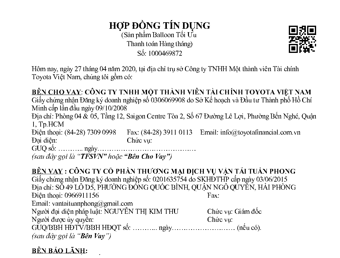 Hợp đồng tín dung doanh nghiệp sản phẩm Baloon tối ưu của tài chính Toyota - TFSVN
