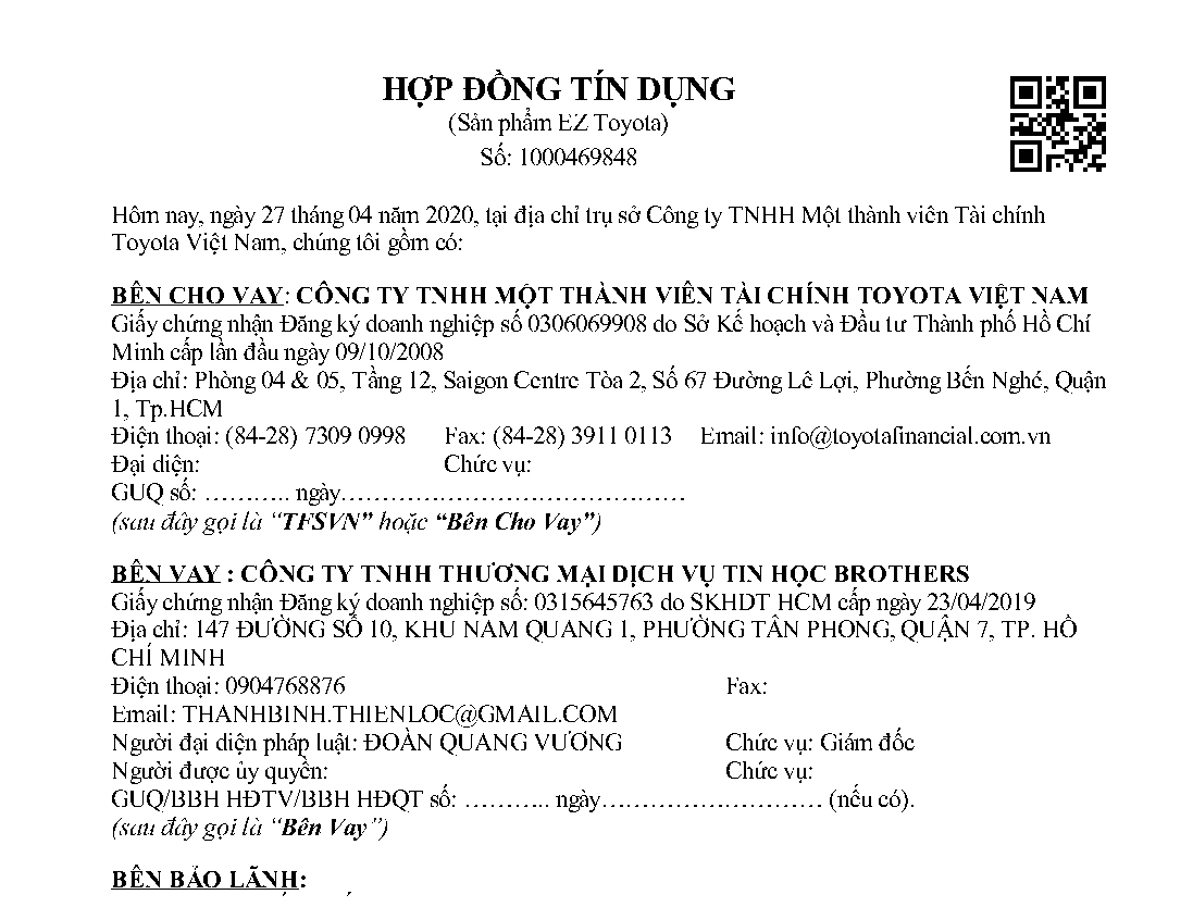 Hợp đồng tín dung doanh nghiệp sản phẩm EZ của tài chính Toyota - TFSVN