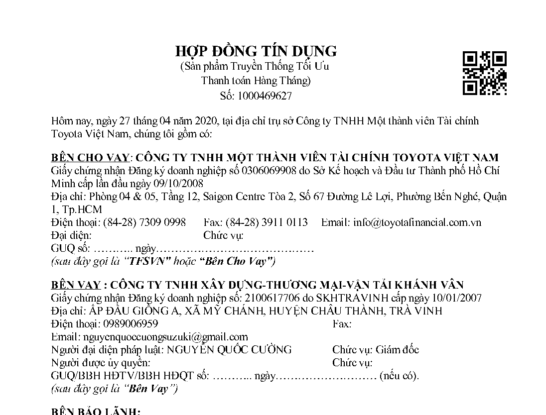 Hợp đồng tín dung doanh nghiệp sản phẩm Truyền thống Tối ưu của tài chính Toyota - TFSVN